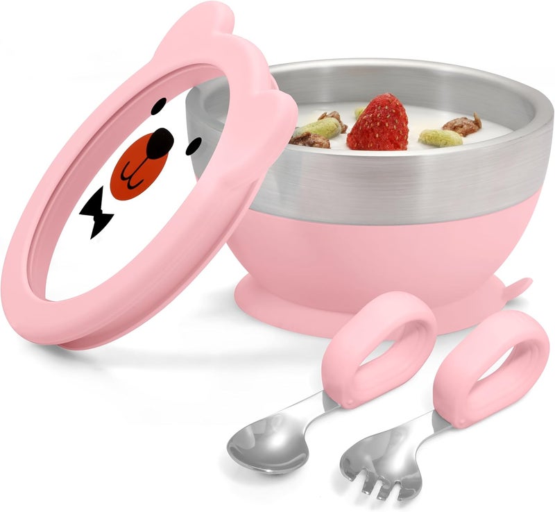 MR. CHOU Baby Suction Bowl Set with Spoon & Fork, Double-Layer 18/8 Stainless Steel Toddler Bowls with BPA Free Airtight Lid, Food Grade Infant Self-Feeding Bowl, First Stage Led Weaning Supplies Pink - Image 1